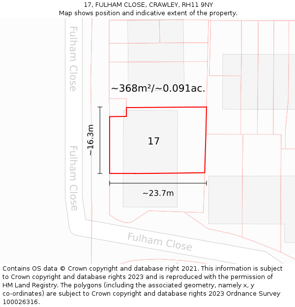 17, FULHAM CLOSE, CRAWLEY, RH11 9NY: Plot and title map