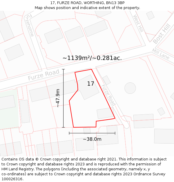 17, FURZE ROAD, WORTHING, BN13 3BP: Plot and title map