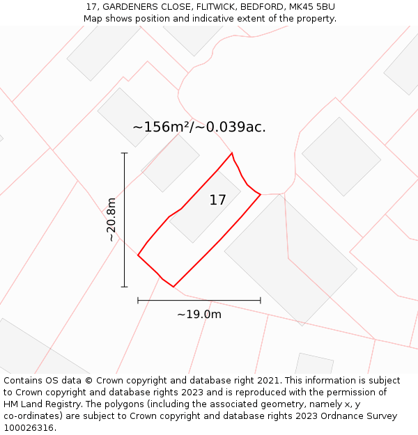 17, GARDENERS CLOSE, FLITWICK, BEDFORD, MK45 5BU: Plot and title map