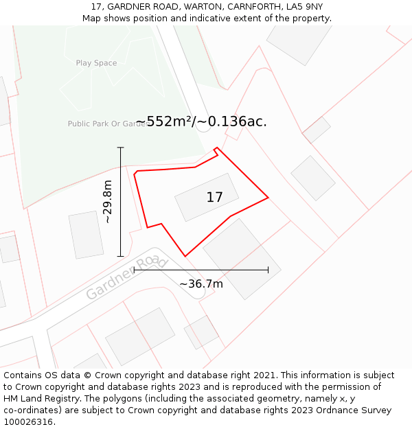 17, GARDNER ROAD, WARTON, CARNFORTH, LA5 9NY: Plot and title map