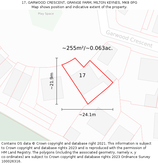 17, GARWOOD CRESCENT, GRANGE FARM, MILTON KEYNES, MK8 0PG: Plot and title map