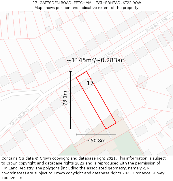 17, GATESDEN ROAD, FETCHAM, LEATHERHEAD, KT22 9QW: Plot and title map