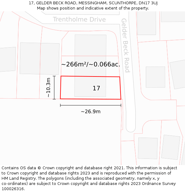 17, GELDER BECK ROAD, MESSINGHAM, SCUNTHORPE, DN17 3UJ: Plot and title map