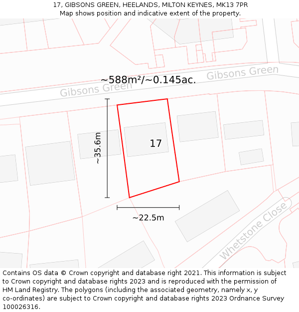 17, GIBSONS GREEN, HEELANDS, MILTON KEYNES, MK13 7PR: Plot and title map