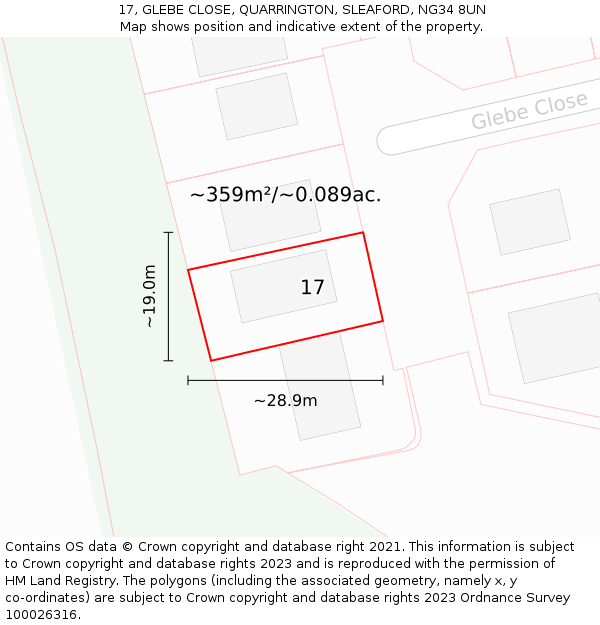 17, GLEBE CLOSE, QUARRINGTON, SLEAFORD, NG34 8UN: Plot and title map