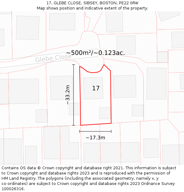 17, GLEBE CLOSE, SIBSEY, BOSTON, PE22 0RW: Plot and title map