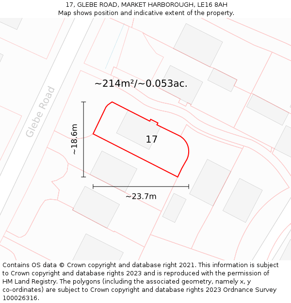 17, GLEBE ROAD, MARKET HARBOROUGH, LE16 8AH: Plot and title map