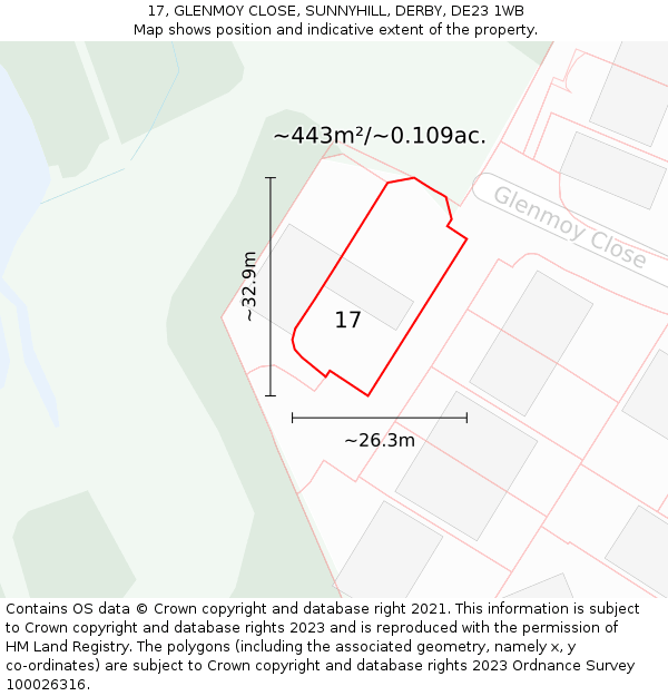 17, GLENMOY CLOSE, SUNNYHILL, DERBY, DE23 1WB: Plot and title map