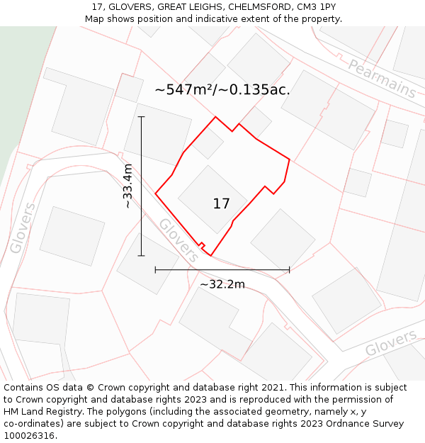 17, GLOVERS, GREAT LEIGHS, CHELMSFORD, CM3 1PY: Plot and title map