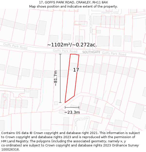 17, GOFFS PARK ROAD, CRAWLEY, RH11 8AX: Plot and title map