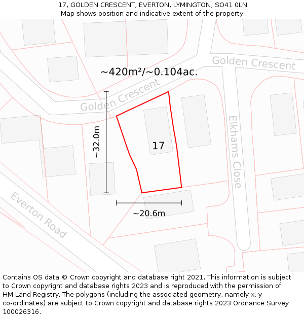 17, GOLDEN CRESCENT, EVERTON, LYMINGTON, SO41 0LN: Plot and title map