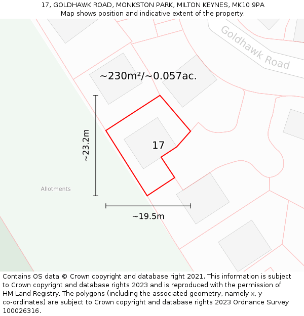 17, GOLDHAWK ROAD, MONKSTON PARK, MILTON KEYNES, MK10 9PA: Plot and title map