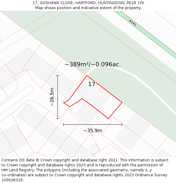 17, GOSHAWK CLOSE, HARTFORD, HUNTINGDON, PE29 1YX: Plot and title map