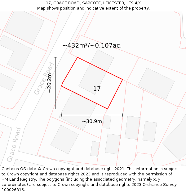 17, GRACE ROAD, SAPCOTE, LEICESTER, LE9 4JX: Plot and title map