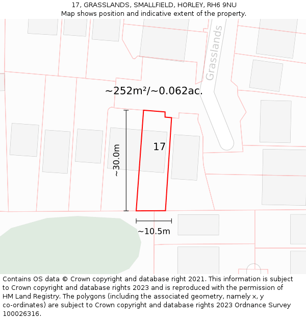 17, GRASSLANDS, SMALLFIELD, HORLEY, RH6 9NU: Plot and title map