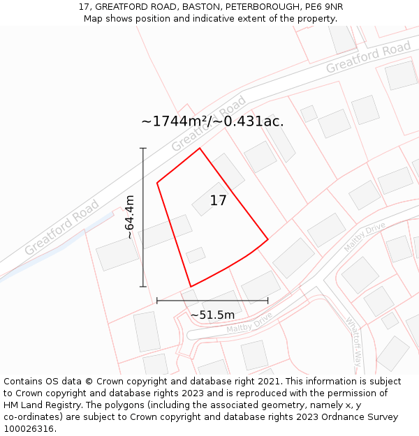 17, GREATFORD ROAD, BASTON, PETERBOROUGH, PE6 9NR: Plot and title map