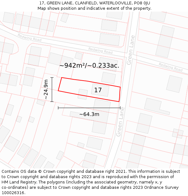 17, GREEN LANE, CLANFIELD, WATERLOOVILLE, PO8 0JU: Plot and title map