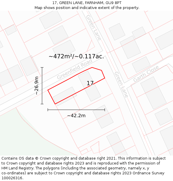 17, GREEN LANE, FARNHAM, GU9 8PT: Plot and title map