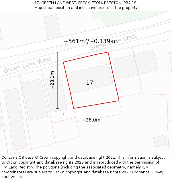 17, GREEN LANE WEST, FRECKLETON, PRESTON, PR4 1SL: Plot and title map