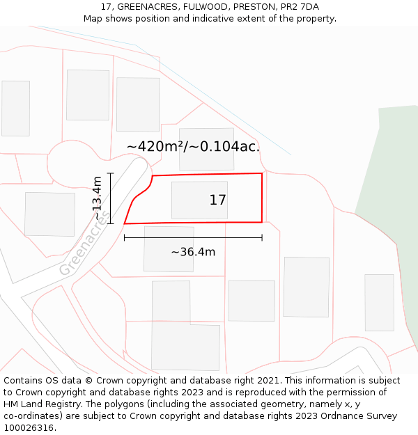 17, GREENACRES, FULWOOD, PRESTON, PR2 7DA: Plot and title map