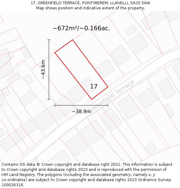 17, GREENFIELD TERRACE, PONTYBEREM, LLANELLI, SA15 5AW: Plot and title map