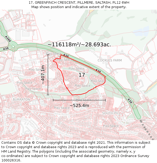 17, GREENFINCH CRESCENT, PILLMERE, SALTASH, PL12 6WH: Plot and title map