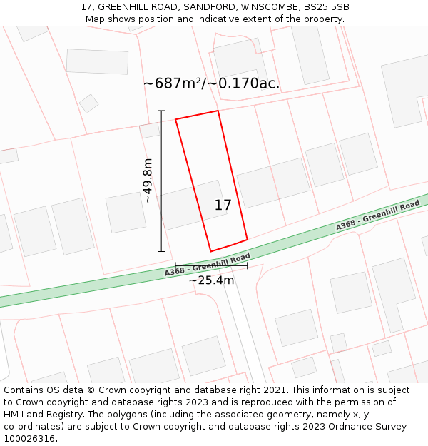 17, GREENHILL ROAD, SANDFORD, WINSCOMBE, BS25 5SB: Plot and title map