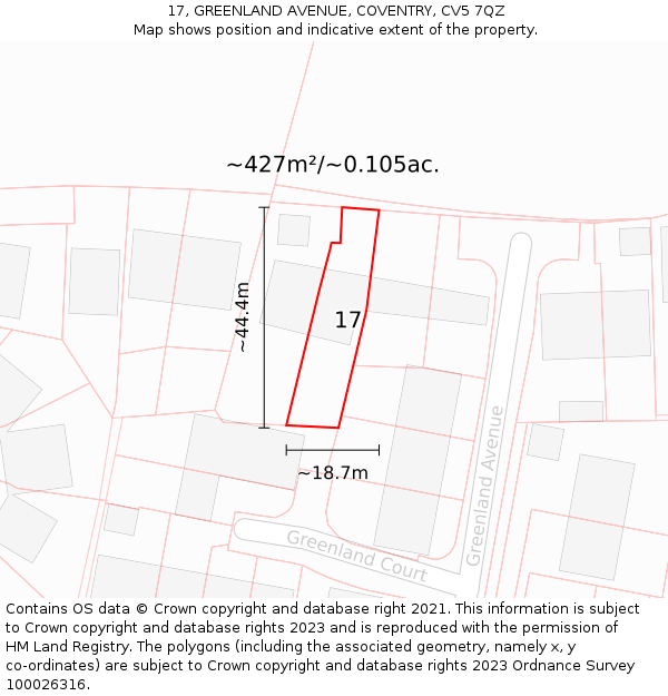 17, GREENLAND AVENUE, COVENTRY, CV5 7QZ: Plot and title map