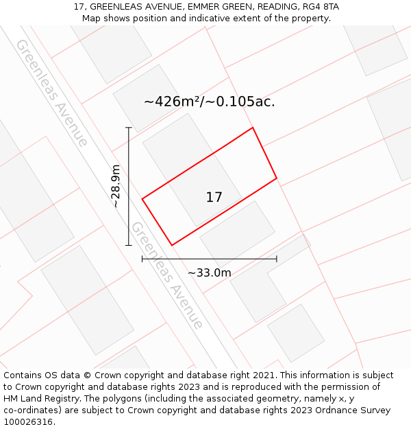 17, GREENLEAS AVENUE, EMMER GREEN, READING, RG4 8TA: Plot and title map
