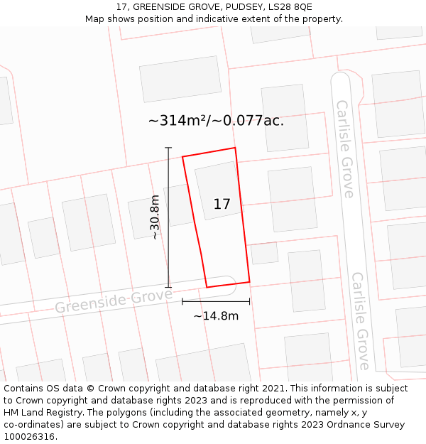 17, GREENSIDE GROVE, PUDSEY, LS28 8QE: Plot and title map