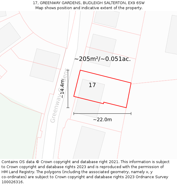 17, GREENWAY GARDENS, BUDLEIGH SALTERTON, EX9 6SW: Plot and title map