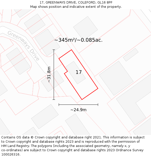 17, GREENWAYS DRIVE, COLEFORD, GL16 8PF: Plot and title map