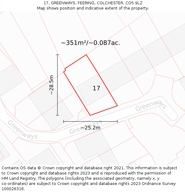 17, GREENWAYS, FEERING, COLCHESTER, CO5 9LZ: Plot and title map