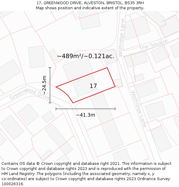 17, GREENWOOD DRIVE, ALVESTON, BRISTOL, BS35 3RH: Plot and title map