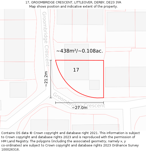 17, GROOMBRIDGE CRESCENT, LITTLEOVER, DERBY, DE23 3YA: Plot and title map