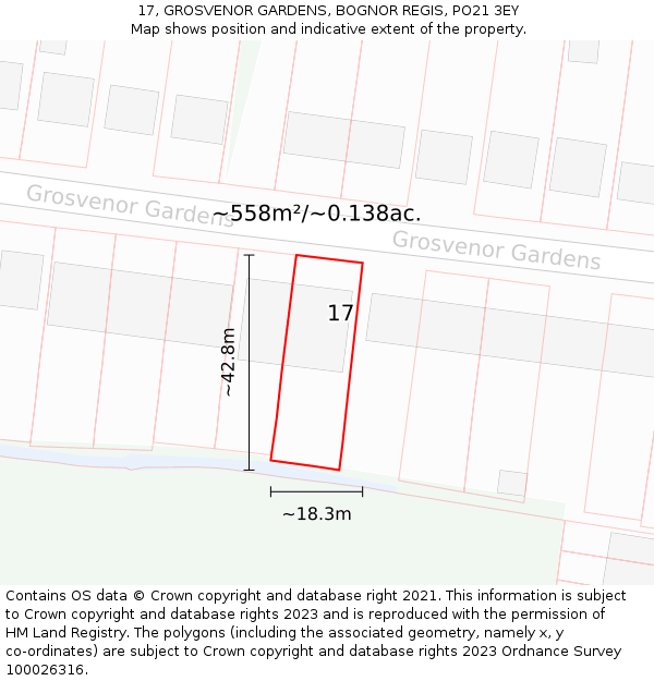 17, GROSVENOR GARDENS, BOGNOR REGIS, PO21 3EY: Plot and title map