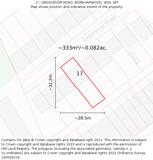 17, GROSVENOR ROAD, BOREHAMWOOD, WD6 1BT: Plot and title map