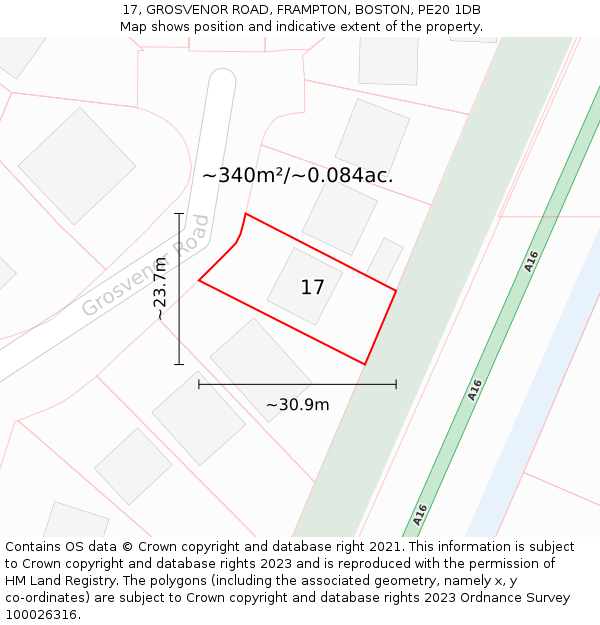 17, GROSVENOR ROAD, FRAMPTON, BOSTON, PE20 1DB: Plot and title map