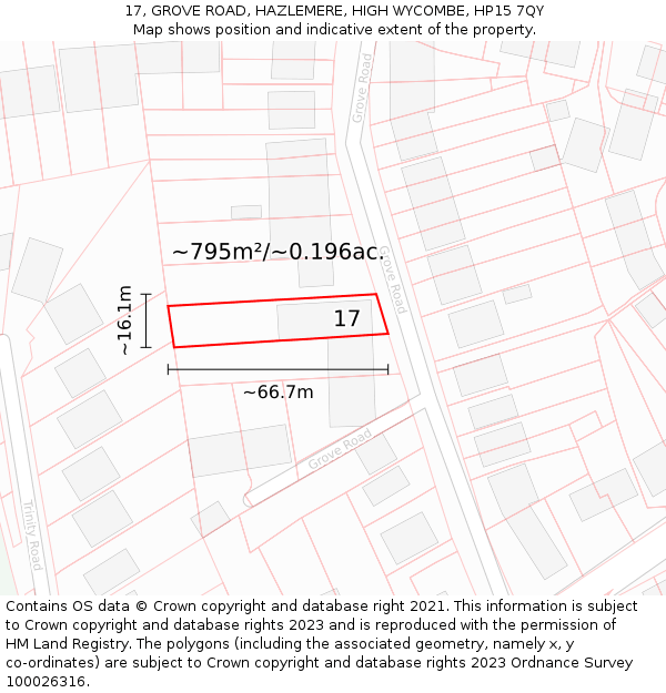 17, GROVE ROAD, HAZLEMERE, HIGH WYCOMBE, HP15 7QY: Plot and title map