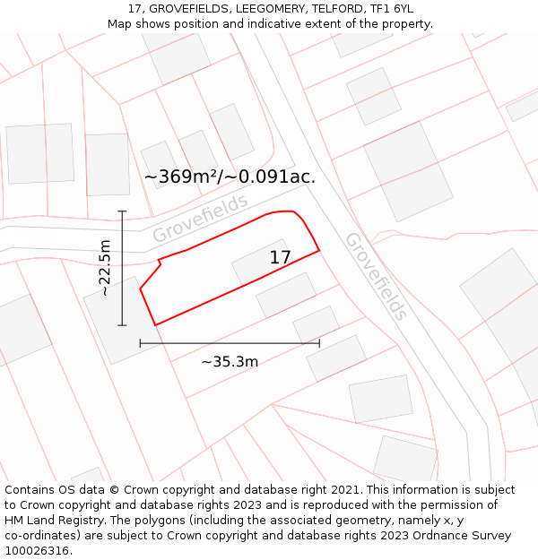 17, GROVEFIELDS, LEEGOMERY, TELFORD, TF1 6YL: Plot and title map