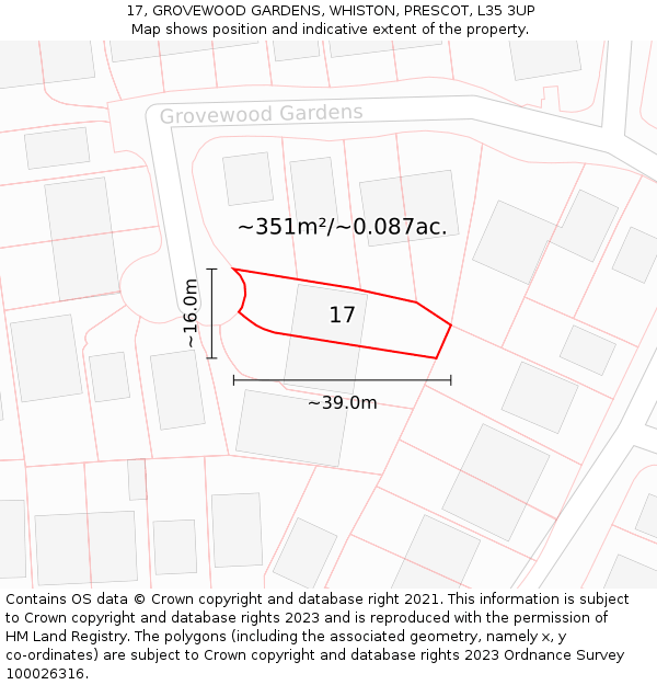 17, GROVEWOOD GARDENS, WHISTON, PRESCOT, L35 3UP: Plot and title map