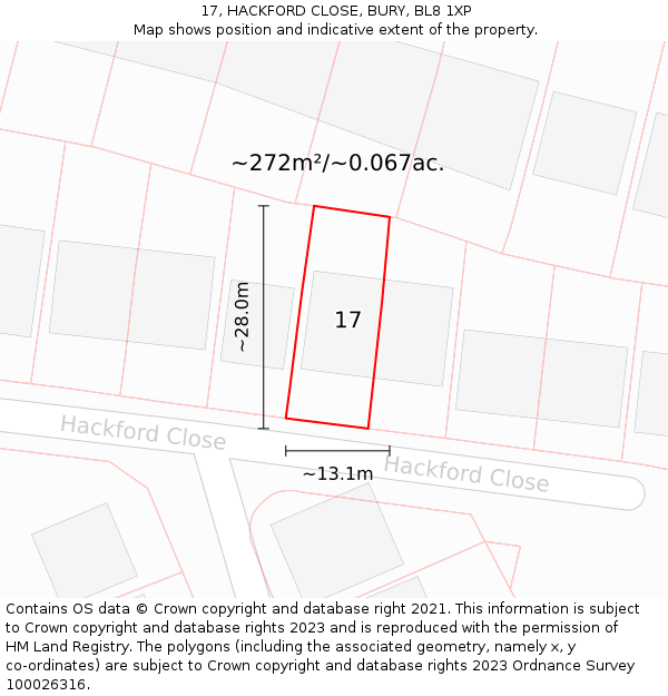 17, HACKFORD CLOSE, BURY, BL8 1XP: Plot and title map