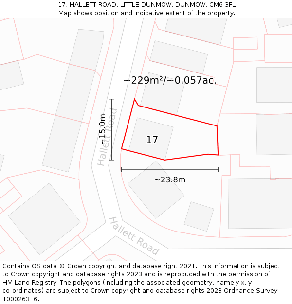 17, HALLETT ROAD, LITTLE DUNMOW, DUNMOW, CM6 3FL: Plot and title map