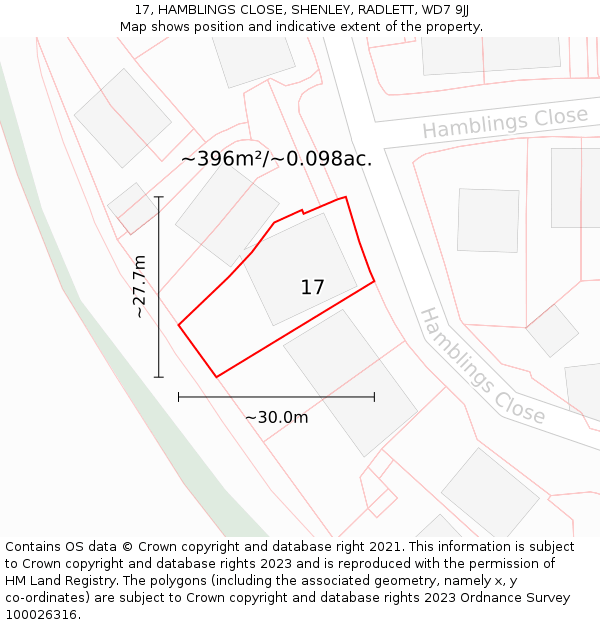 17, HAMBLINGS CLOSE, SHENLEY, RADLETT, WD7 9JJ: Plot and title map