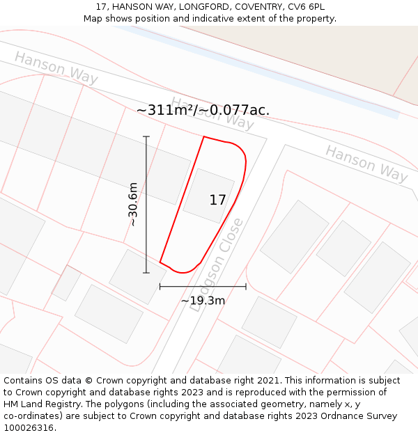 17, HANSON WAY, LONGFORD, COVENTRY, CV6 6PL: Plot and title map