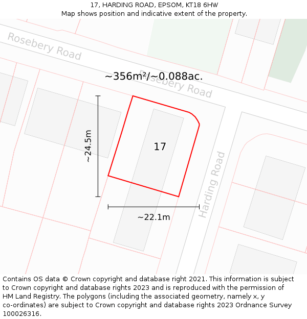 17, HARDING ROAD, EPSOM, KT18 6HW: Plot and title map