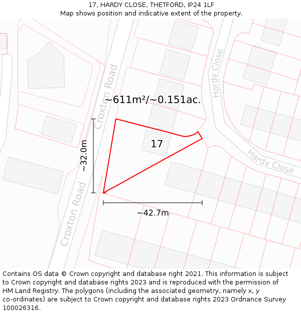 17, HARDY CLOSE, THETFORD, IP24 1LF: Plot and title map