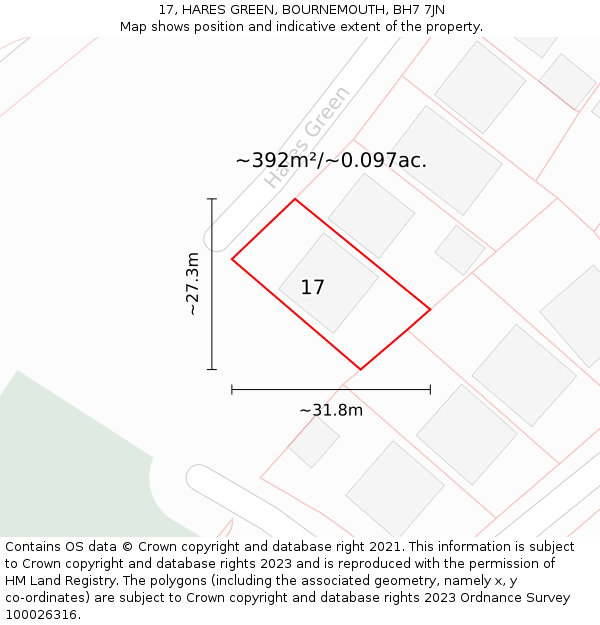 17, HARES GREEN, BOURNEMOUTH, BH7 7JN: Plot and title map