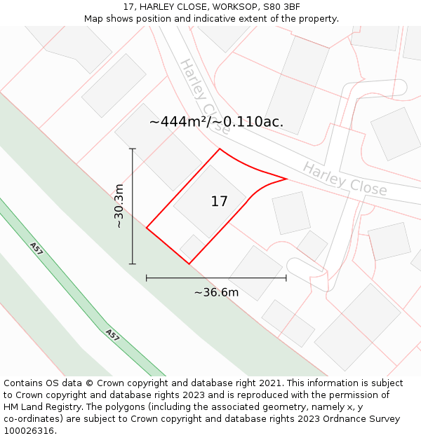 17, HARLEY CLOSE, WORKSOP, S80 3BF: Plot and title map