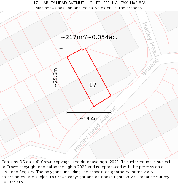 17, HARLEY HEAD AVENUE, LIGHTCLIFFE, HALIFAX, HX3 8FA: Plot and title map